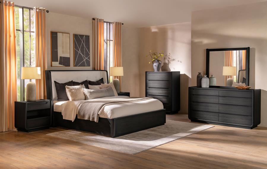 Leandro 55-inch Queen Wingback Bed Burnished Black ,DRESSER ,MIRROR,NIGTHSTAN,CHEST